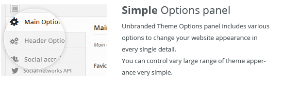 Simple Options panel. Unbranded Theme Options panel includes various options to change your website appearance in every single detail. You can control vary large range of theme apperance very simple.