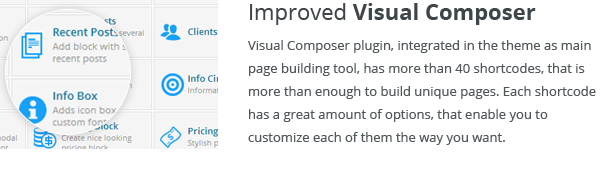 Improved Visual Composer. Visual Composer plugin, integrated in the theme as main page building tool, has more than 40 shortcodes, that is more than enough to build unique pages. Each shortcode has a great amount of options, that enable you to customize each of them the way you want.