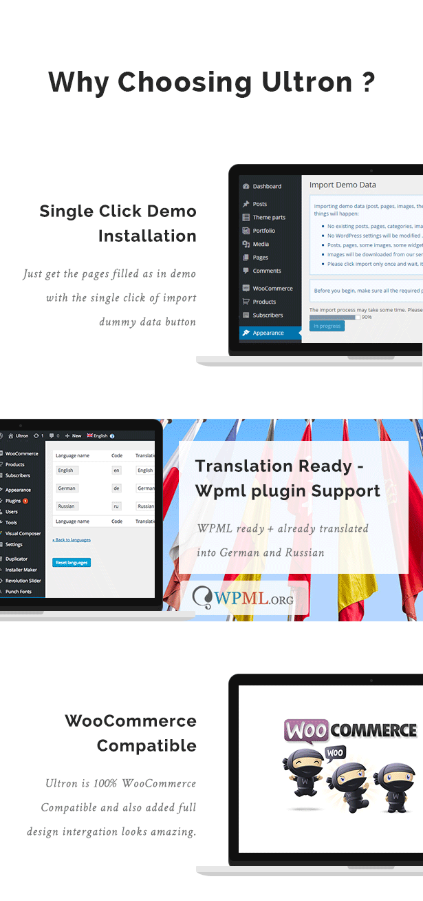 Single Click Demo Installation, WPML Plugin Support, WooCommerce Compatible